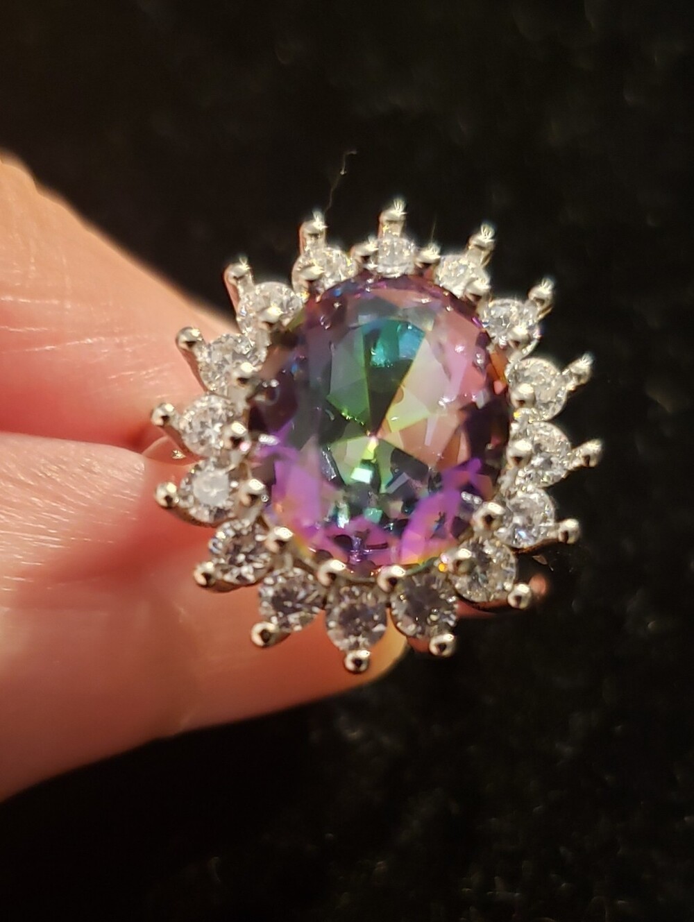 NEW Mystic Topaz Sterling Stamp Oval Cut Statement Ring, Sz 9, High Profile Halo
